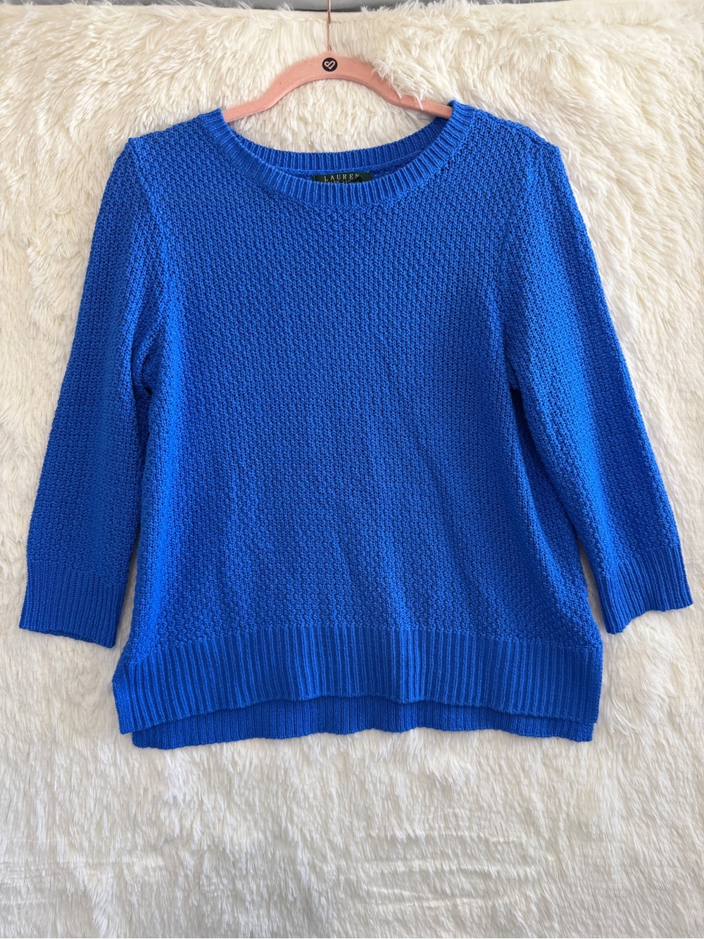 Lauren Ralph Lauren Womens Preppy 3/4 Sleeve Top Size L Blue Equestrian Nautical